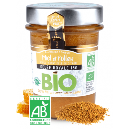 miel et pollen enrichi à l'huile essentielle de citron et gelée royale 250g