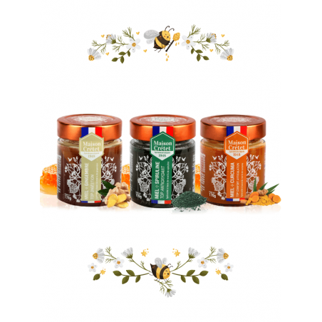 lots de 3 miels au gingembre, spiruline et curcuma