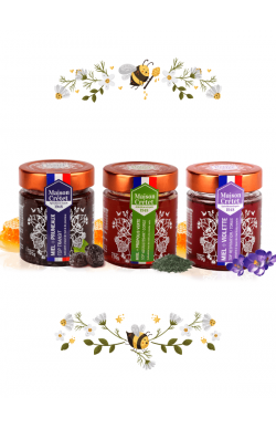 lot de 3 miels aux pruneaux, à la propolis verte, à la violette