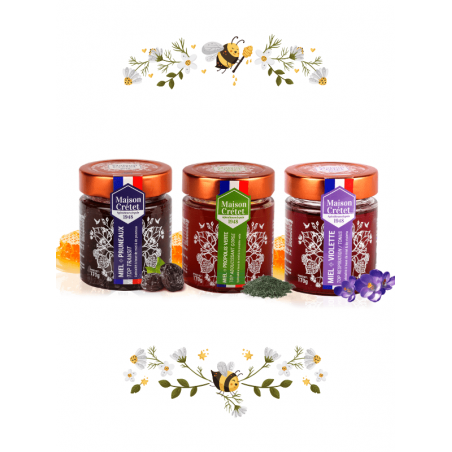 lot de 3 miels aux pruneaux, à la propolis verte, à la violette lot de 3 miels aux pruneaux, à la propolis verte, à la violette