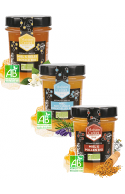 lot 3 miels bio enrichis aux huiles essentielles, à la gelée royale et au pollen en format 250g