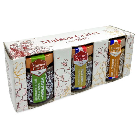 coffret de trois pots de miel propolis verte curcuma gingembre