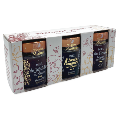 coffret 3 pots de miel du Yémen jujubier acacia gommier fleurs marai
