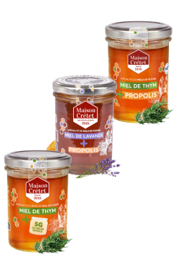 lot 3 miels de thym, lavande et fleurs enrichi à la propolis