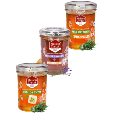 lot 3 miels de thym, lavande et fleurs enrichi à la propolis