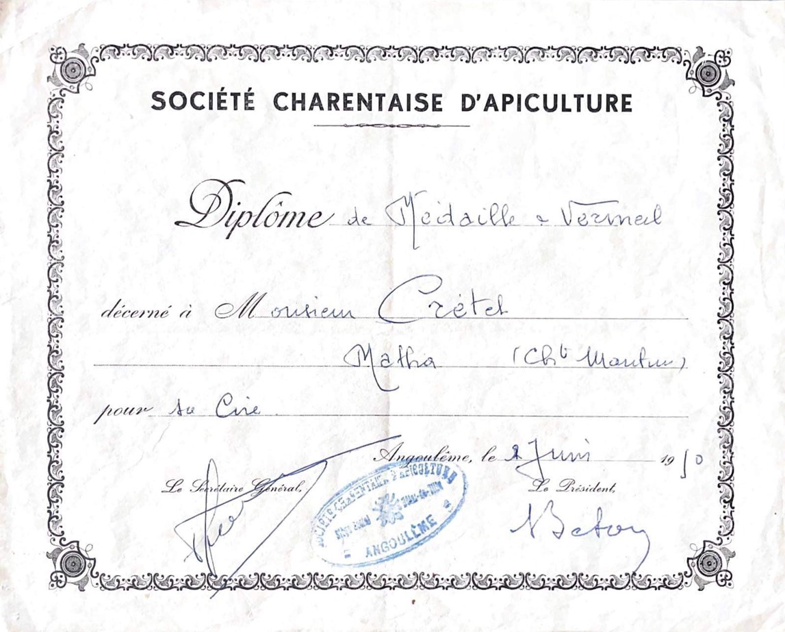 Diplome d'apiculteur Crétet pour sa cire d'abeilles de 1950