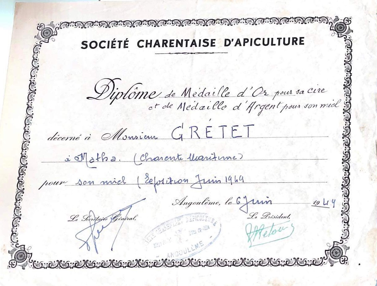 Diplome d'apiculteur Crétet pour son miel de 1949