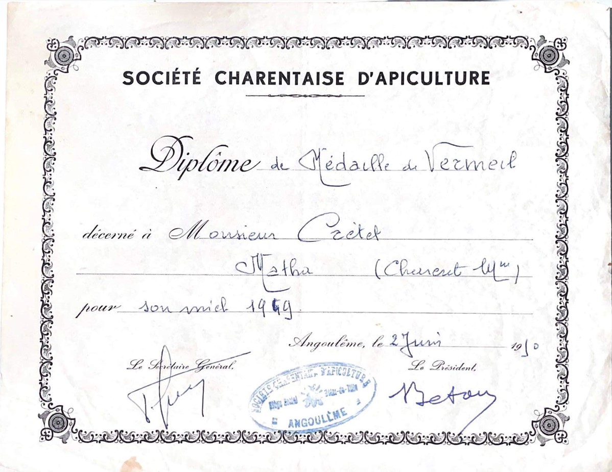 Diplome d'apiculteur Crétet pour son miel de 1950